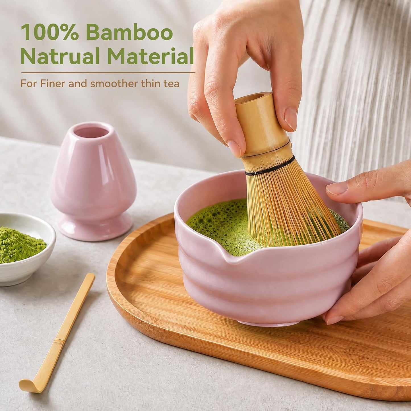 Matcha Whisk Set with Ceramic Bowl - Complete Matcha Making Kit, Bamboo Whisk (Chasen), Whisk Holder, Matcha Powder Sifter, Scoop, Japanese Tea Ceremony Tools（Green）