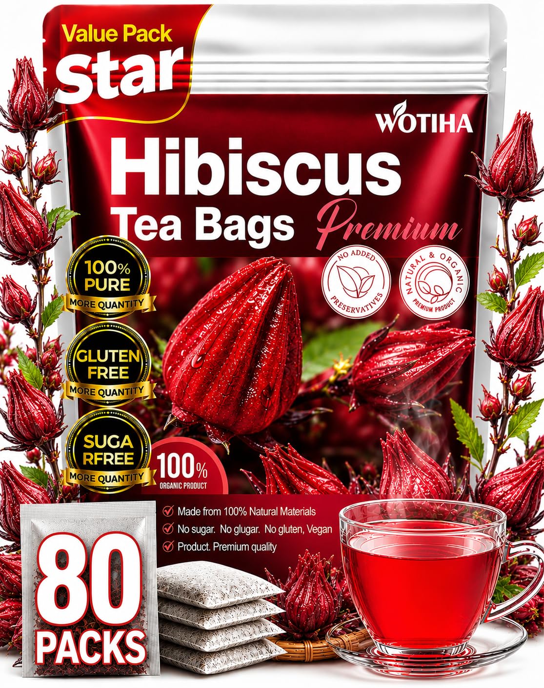 WOTIHA Premium 80 Hibiscus Flower Tea Bags (Flor de Jamaica) - 100% Natural, Tart & Refreshing, Hot or Ice Tea - Rich in Antioxidants, Sugar-Free Caffeine-Free Non-GMO Vegan Gluten-Free.