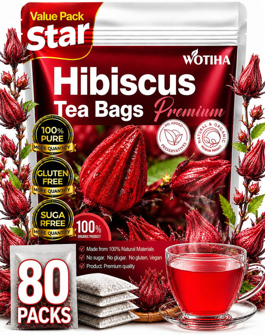 WOTIHA Premium 80 Hibiscus Flower Tea Bags (Flor de Jamaica) - 100% Natural, Tart & Refreshing, Hot or Ice Tea - Rich in Antioxidants, Sugar-Free Caffeine-Free Non-GMO Vegan Gluten-Free.