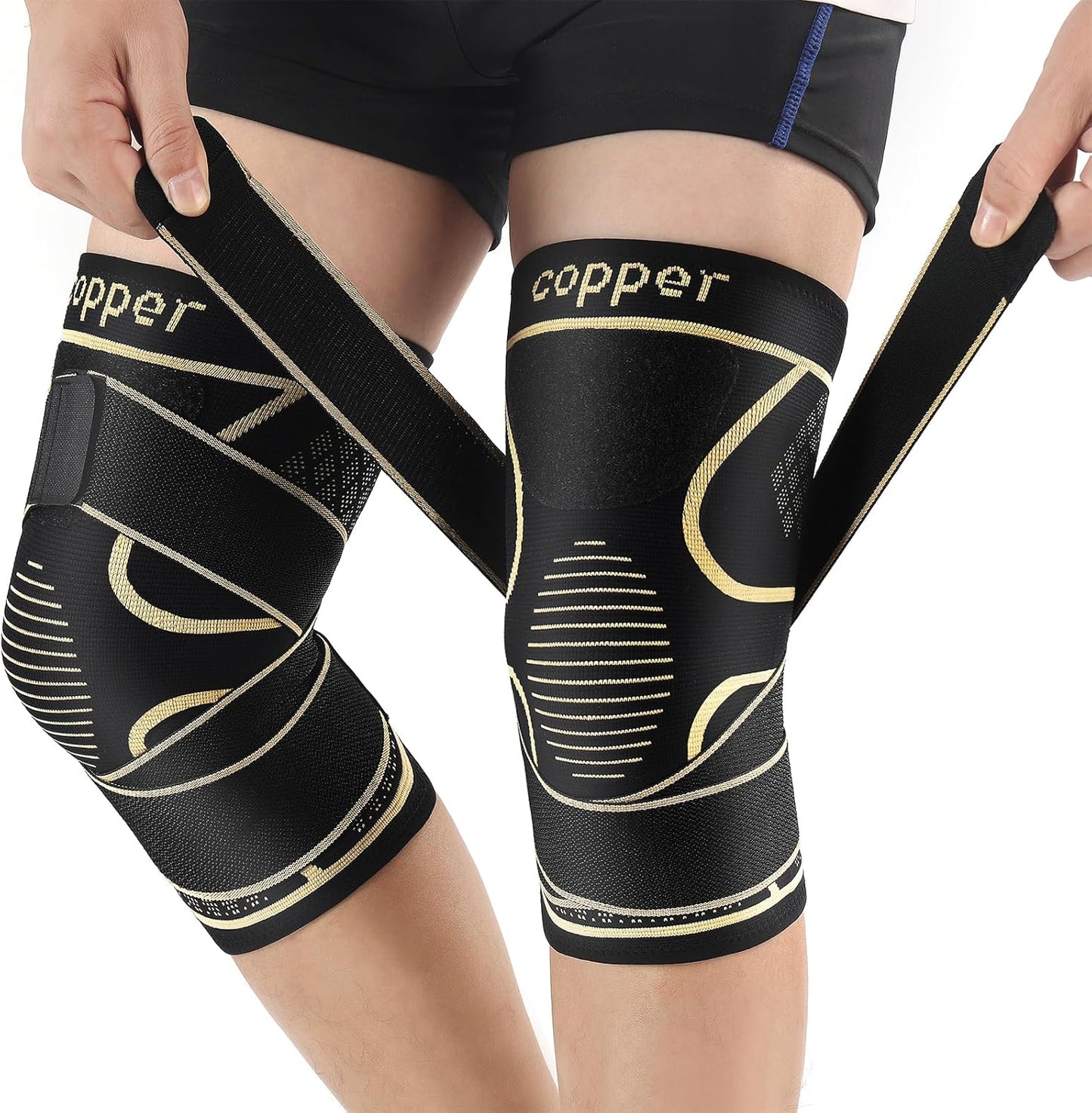 Copper Knee Support Braces with Straps for Men & Women (2 Pack, Medium)