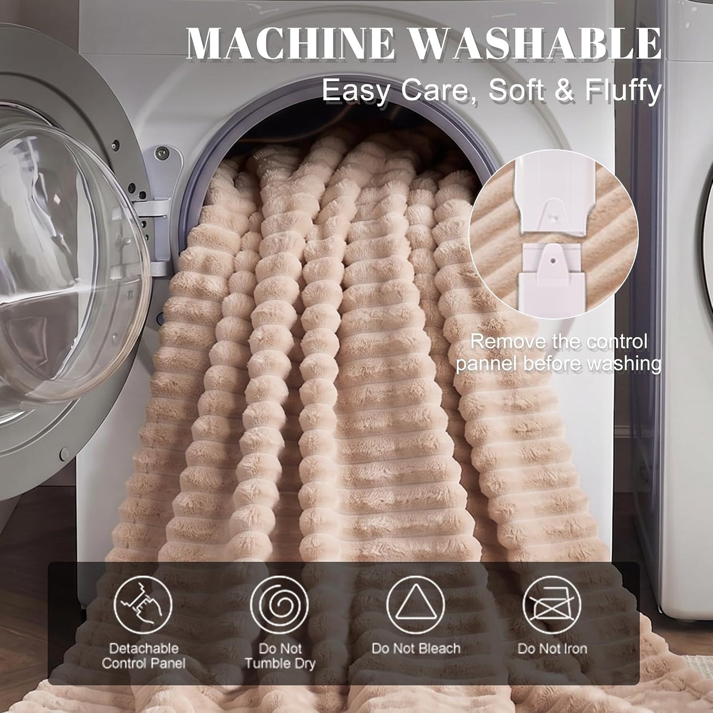 IUUI Heated Throw Blanket, Ultrasoft 3D Striped Heating Blanket with 6 Heat Levels & 1-10H Auto Off Timer, Overheat Protection, Detachable Controller Machine Washable(Cream, Throw 50" x 60")