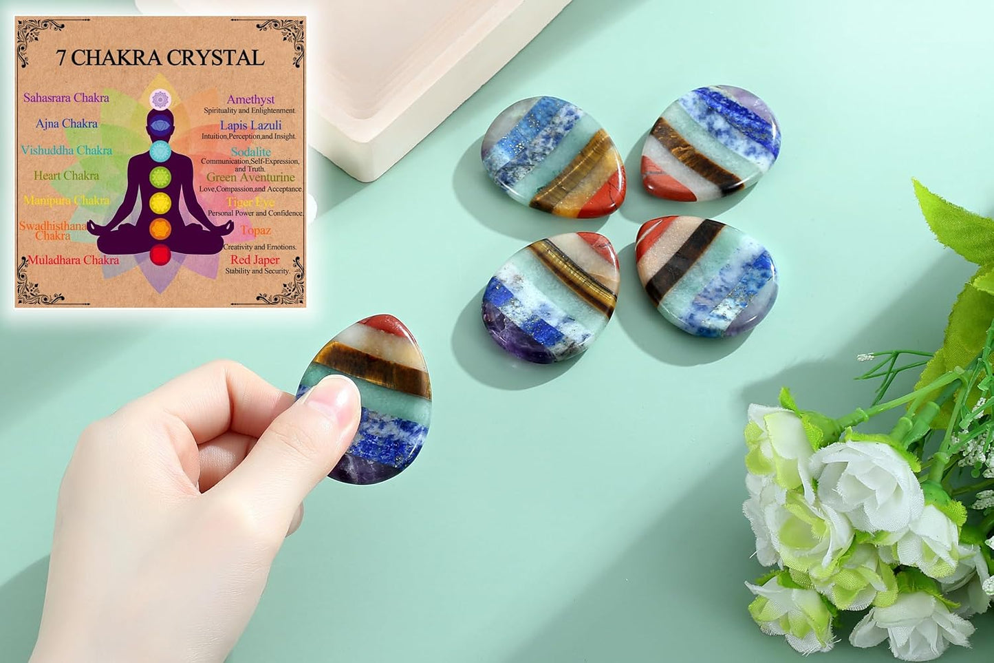 Worry Stone Crystals and Healing Stones Anxiety Fidgets Natural Meditation Accessories 7 Chakra Thumb Sensory Mental Health Depression Stress Anxiety Relief Items Mother's Day Gifts for Women