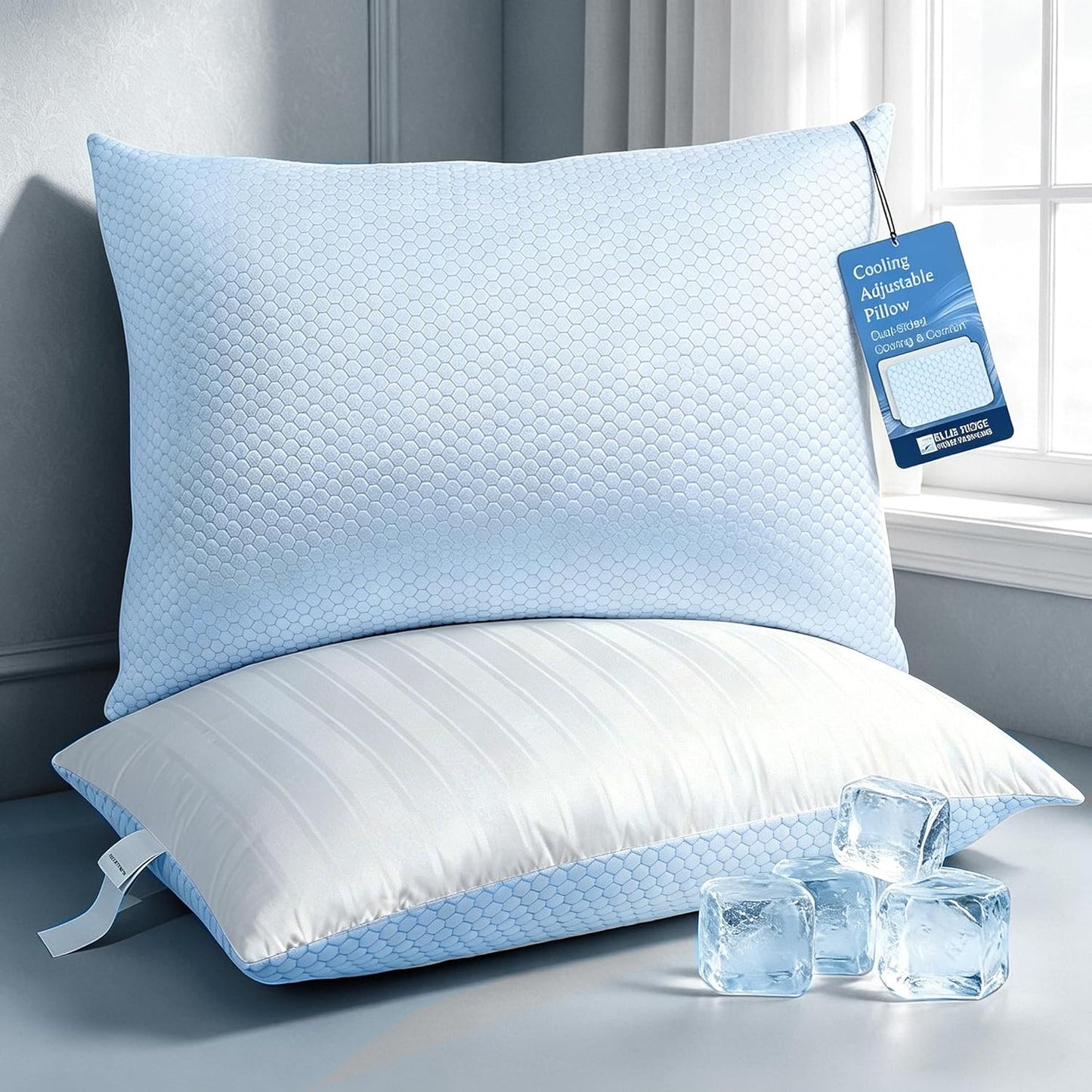 Blue Ridge Home Fashions Luxury Hotel Quality Cooling Pillows Queen Size Set of 2, Soft Touch Firm Support 500 Thread Count Damask Stripe Embroidered 100% Cotton Cover, Down Alternative
