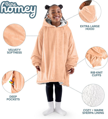 Bare Home Wearable Blanket Hoodie - Soft Plush Sherpa - Warm and Cozy - Oversized Wearable Blanket