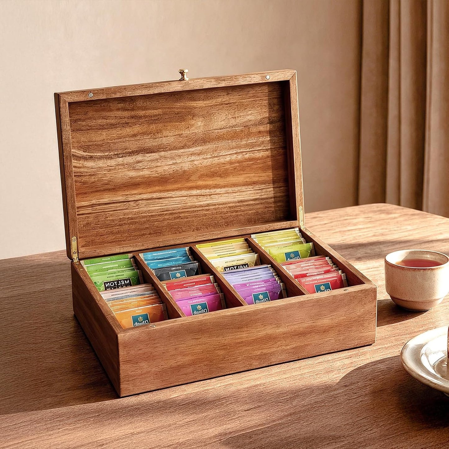 SARUFO Acacia Wood Tea Bag Organizers, Tea Packet Storage Boxes, 8-Compartment Tea Caddy for Tea Bags Chest, Teabag Holder Containers, Teabox Station Display