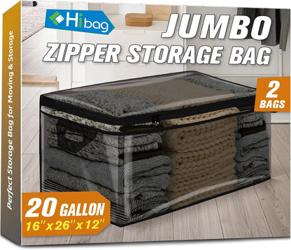 HIBAG 20 Gallon Large Storage Bag for Clothes, Zipper Clothing Storage Bag, Clear Organizer with Reinforced Handles, for Comforters Blankets Pillows Bedding