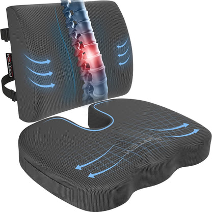 FORTEM Seat Cushion, Office Chair Cushion, Lumbar Support Pillow for Office Chair, Memory Foam Car Seat Cushions, Sciatica Coccyx Tailbone Pain Relief, Cushions for Back Support, Washable, Non Slip