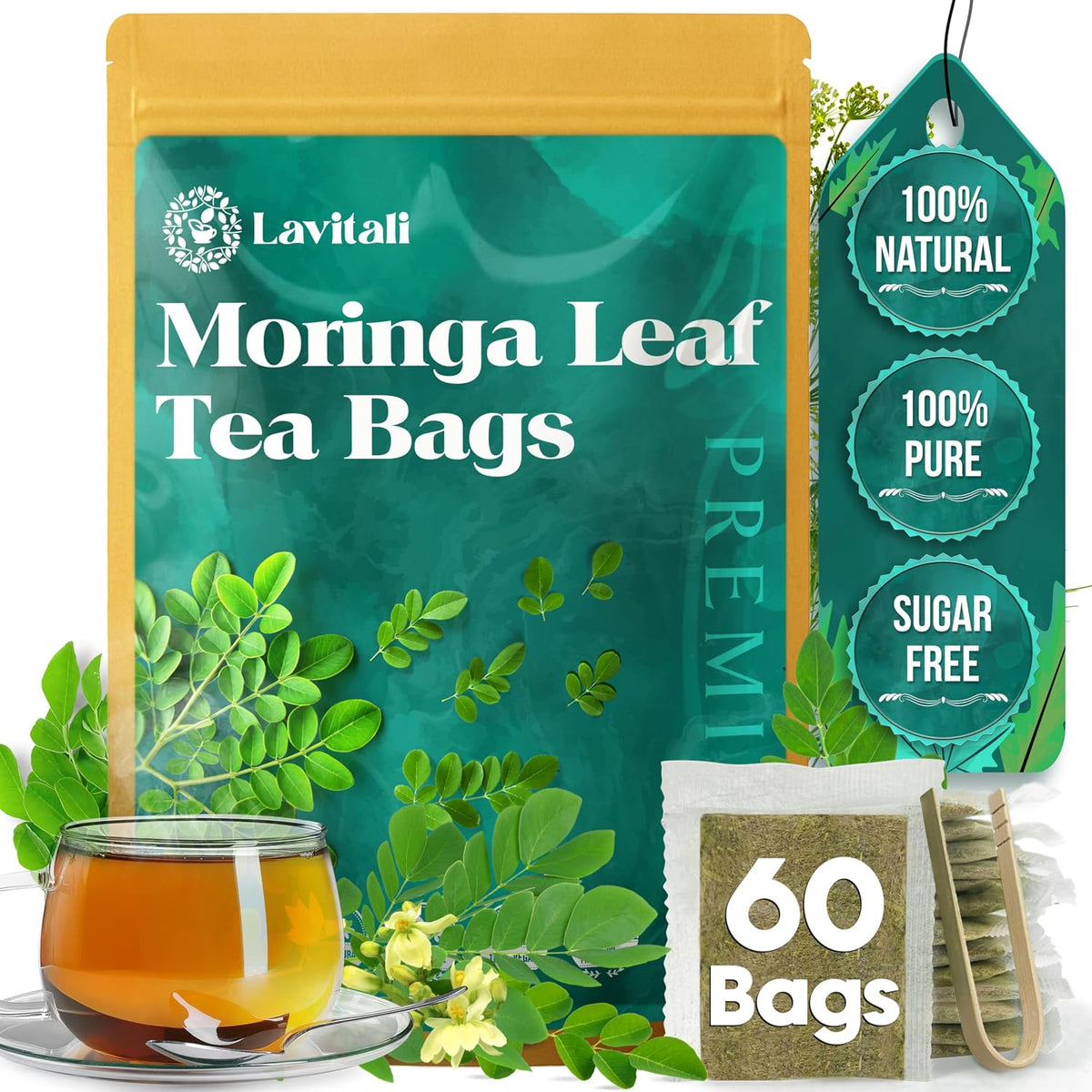 Lavitali, Moringa Leaves Tea | 60 tea bags, 100% Pure Herbal Tea | Caffeine-Free, Eco-Friendly Filter Bags | Daily Natural Botanical, Hot or Iced Herbal Infusion