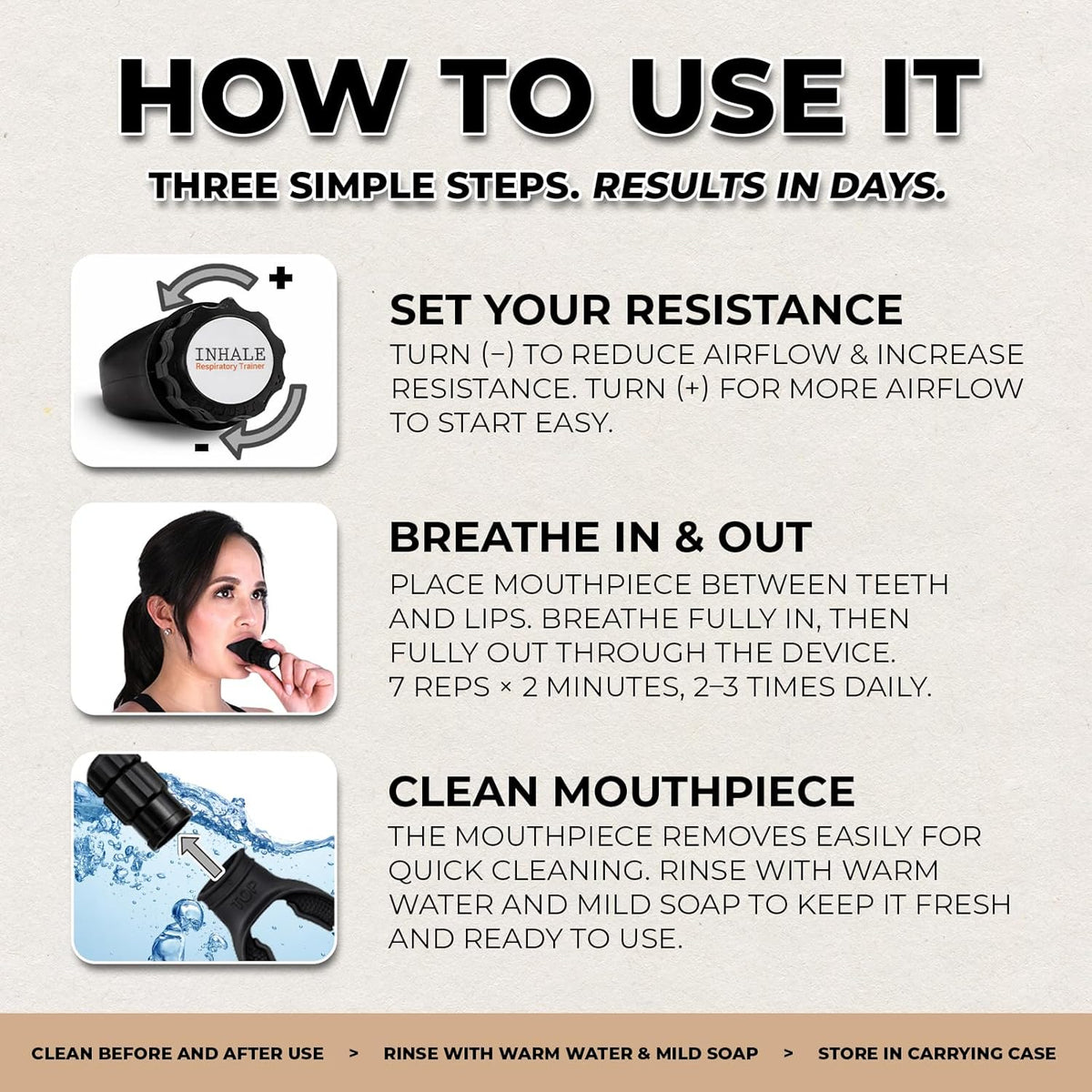 Inhale Lung Trainer | Breathing Exercise Device for Lungs | Made in USA | Lung Exerciser Device | Breathing Trainer | Adjustable Resistance | Medical Grade Silicone Mouthpiece | Carrying Case included