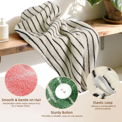 Jacquotha Cotton Hair Towel Wrap for Women (Black & White Striped) – Anti-Frizz Absorbent Quick Drying Hair Turban for Wet Hair, 25” x 9.5”, 1 Pack