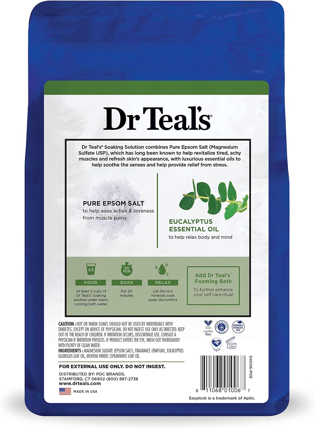 Dr Teal's Epsom Salt Magnesium Soak, Relax & Relief with Eucalyptus & Spearmint Essential Oils, 3 lbs