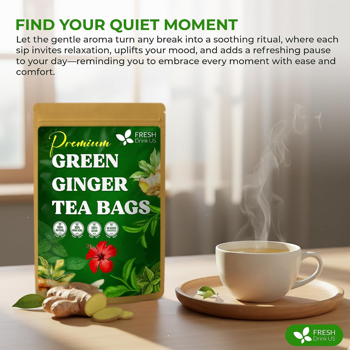 FreshDrinkUS, Premium Green Ginger Tea | 75 Tea Bags | Sencha Green Tea with Ginger, Lemongrass, Turmeric, Hibiscus & Peppermint | Natural Herbal Blend | Comfort & Refreshing, Vegan