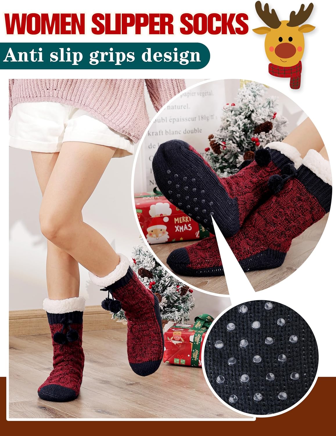 Welwoos Womens Slipper Fuzzy Grips Socks Fluffy Winter Warm Thick Thermal Cozy Plush Non Slip Cabin Soft Fleece Socks