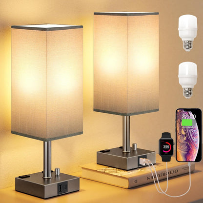 Bedside Table Lamps Set of 2 for Bedroom - Dimmable, USB C+A, 2 AC Outlets