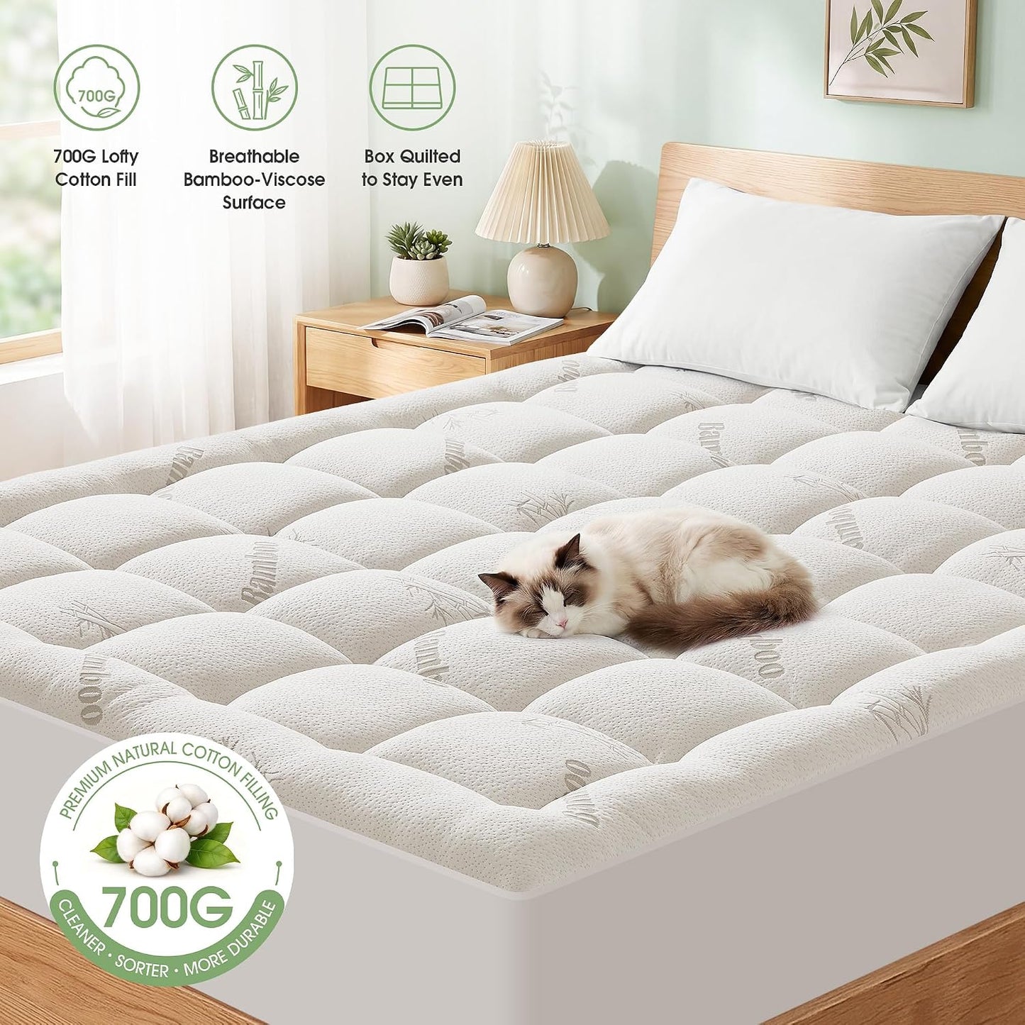 Mattress Pad Queen Size, Cooling Pillow Top Mattress Topper, Ultra Soft Viscose Made from Bamboo, Breathable for Hot Sleepers, Deep Pocket 8"-20", Green