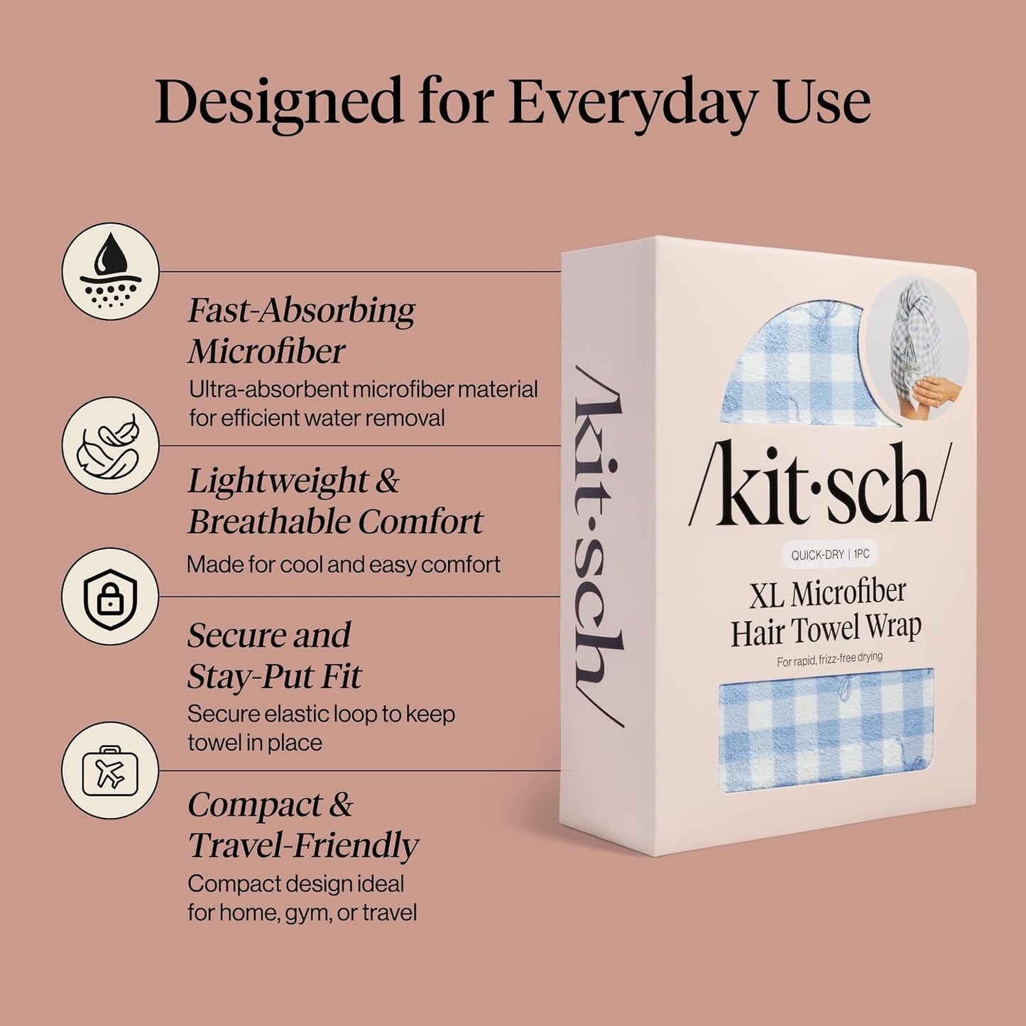 Kitsch Plush Microfiber Hair Towel Wrap for Women – Ultra Absorbent Microfiber Bath Towels for Wet, Curly, Long or Short Hair – Anti-Frizz Hair Wrap, Great Hair Care Gifts for Women