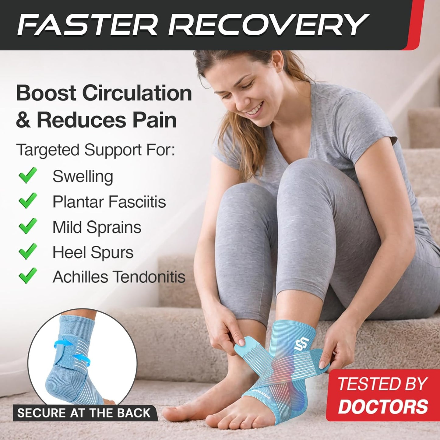 Sleeve Stars Ankle Brace for Women & Men, Ankle Wrap for Sprain, Compression Sleeve for Plantar Fasciitis Relief, Easy Customizable Support: w/ Removable Strap (Single/M:10"-12"/Black)