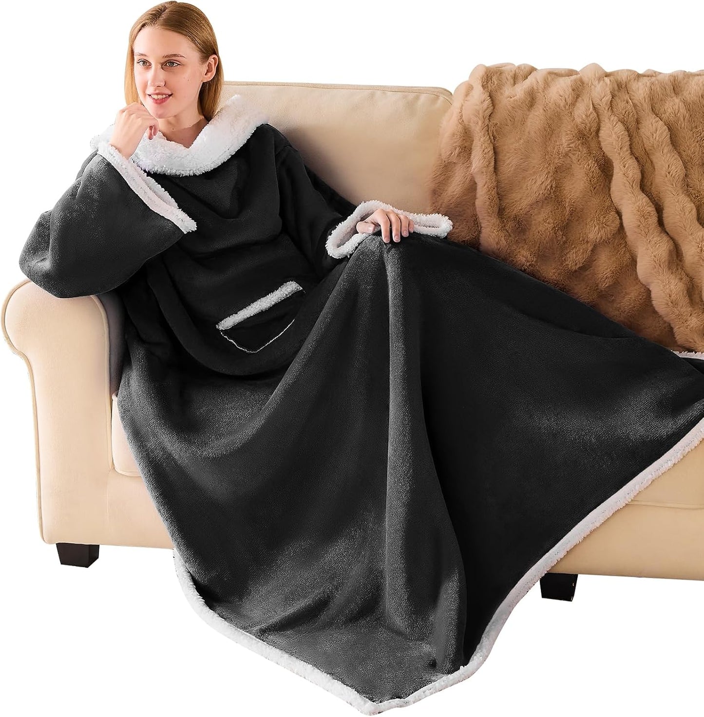 IFNOW Sherpa Wearable Blanket with Sleeves for Women Men Adults, Christmas Birthday Gifts for Women Mom Wife, Cozy Wearable Blanket with Arm and Pocket, Warm Full Body TV Wrap Throw Blanket, Grey