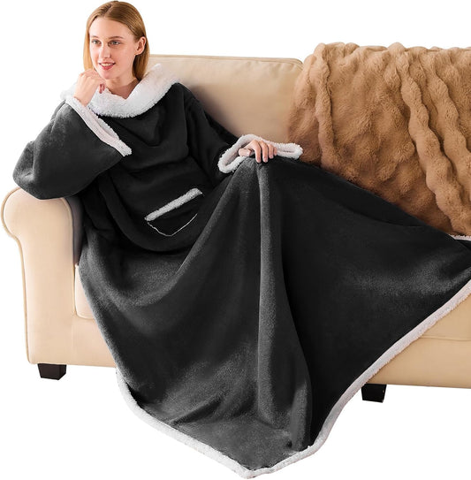 IFNOW Sherpa Wearable Blanket with Sleeves for Women Men Adults, Christmas Birthday Gifts for Women Mom Wife, Cozy Wearable Blanket with Arm and Pocket, Warm Full Body TV Wrap Throw Blanket, Grey