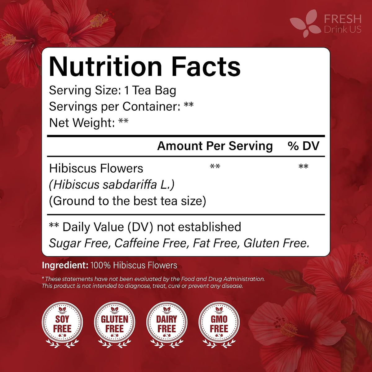 FreshDrinkUS, Premium Hibiscus Flower Tea, 235 Count, Pure, Caffeine Free