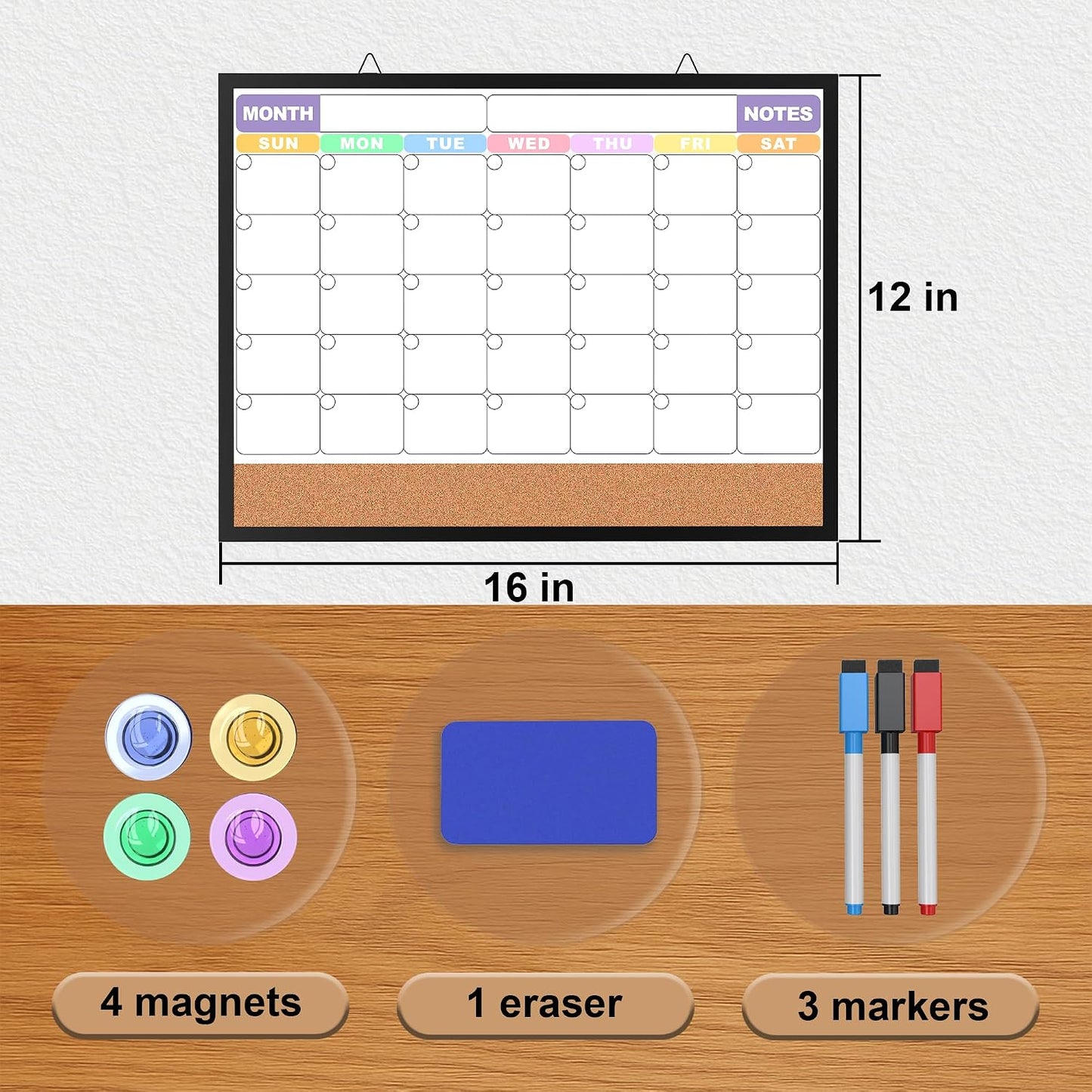 Monthly Calendar Dry Erase Board 16x12 Inch, Double-Sided Whiteboard and Corkboard Combo, Wall Mounted Planner Organizer with Markers, Magnets, Push Pins, Eraser, for Home Office School