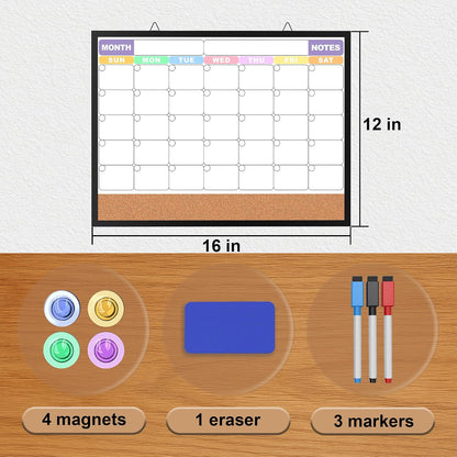 Monthly Calendar Dry Erase Board 16x12 Inch, Double-Sided Whiteboard and Corkboard Combo, Wall Mounted Planner Organizer with Markers, Magnets, Push Pins, Eraser, for Home Office School
