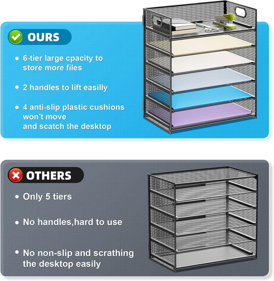 Marbrasse 6 Tier Paper Organizer Letter Tray - Mesh Desk File Organizer with Handle, Paper Sorter Organizer for Letter/A4 Office File Folder Holder - Black