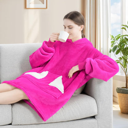 Touchat Wearable Blanket Hoodie, Oversized Sherpa Blanket Sweatshirt with Hood Pocket and Sleeves, Super Soft Warm Plush Hooded Blanket for Adult Women Men, One Size Fits All (Pink)