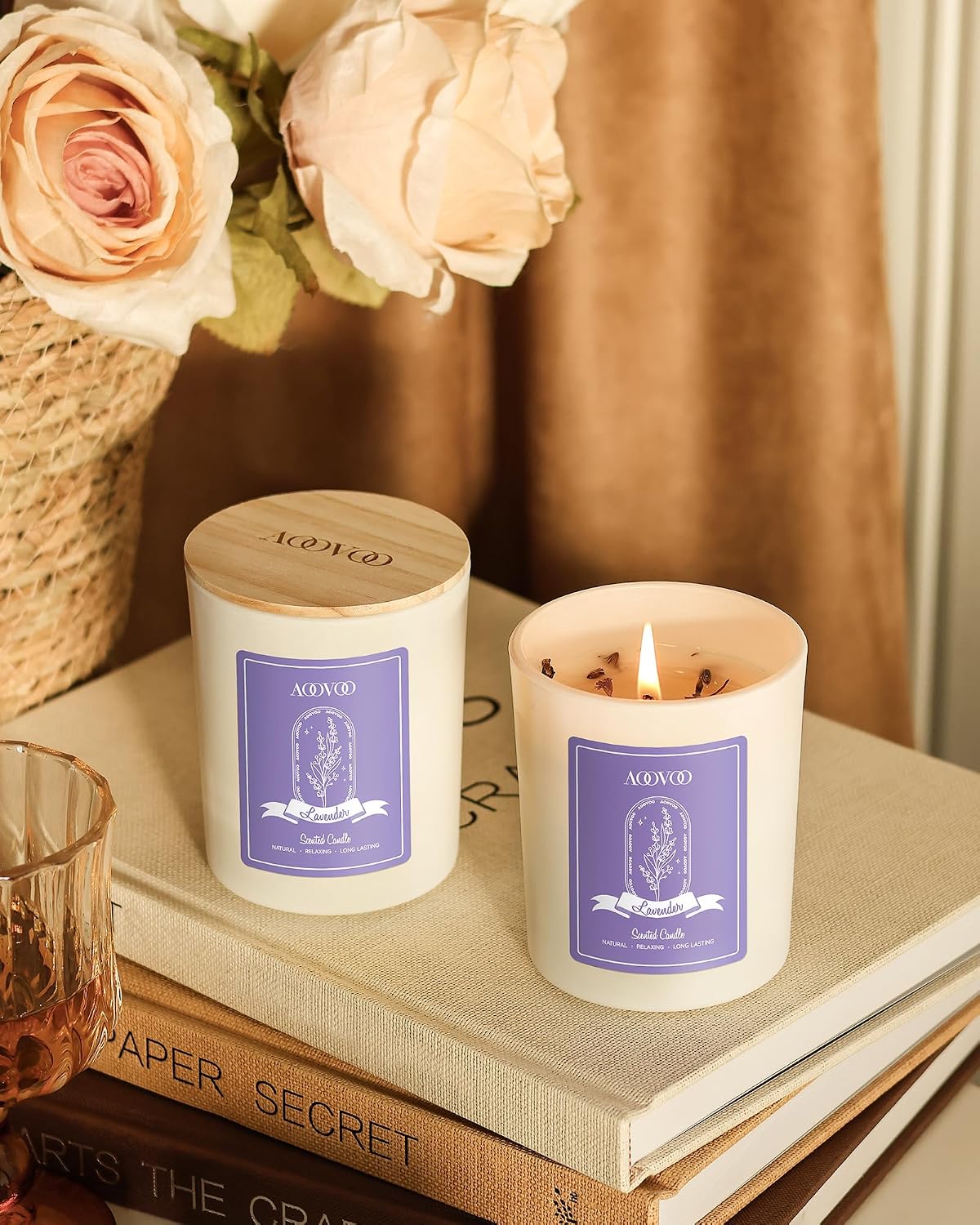 AOOVOO Lavender Scented Candles for Women - Aromatherapy Candle with Crystals Inside, 10oz Soy Candles for Home Scented, Birthday Gifts Mothers Day Candle for Women Mom