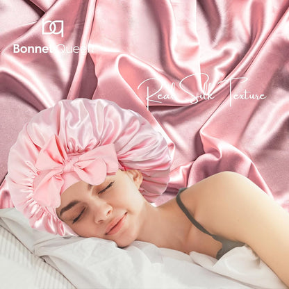 BONNET QUEEN Silk Bonnet for Sleeping for Women Satin Bonnet Night Cap for Curly Hair with Tie Band, Single Layer, Cream Pink