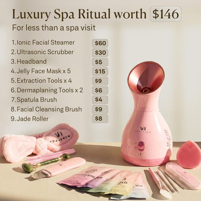 VogueNow Facial Steamer Spa Kit with Complimentary 15 Skin Care Tools | Face Steamer for Facial Deep Cleaning with Humidifier Mode | Self Care Gifts for Women, Spa Gifts, Birthday Gifts for Women