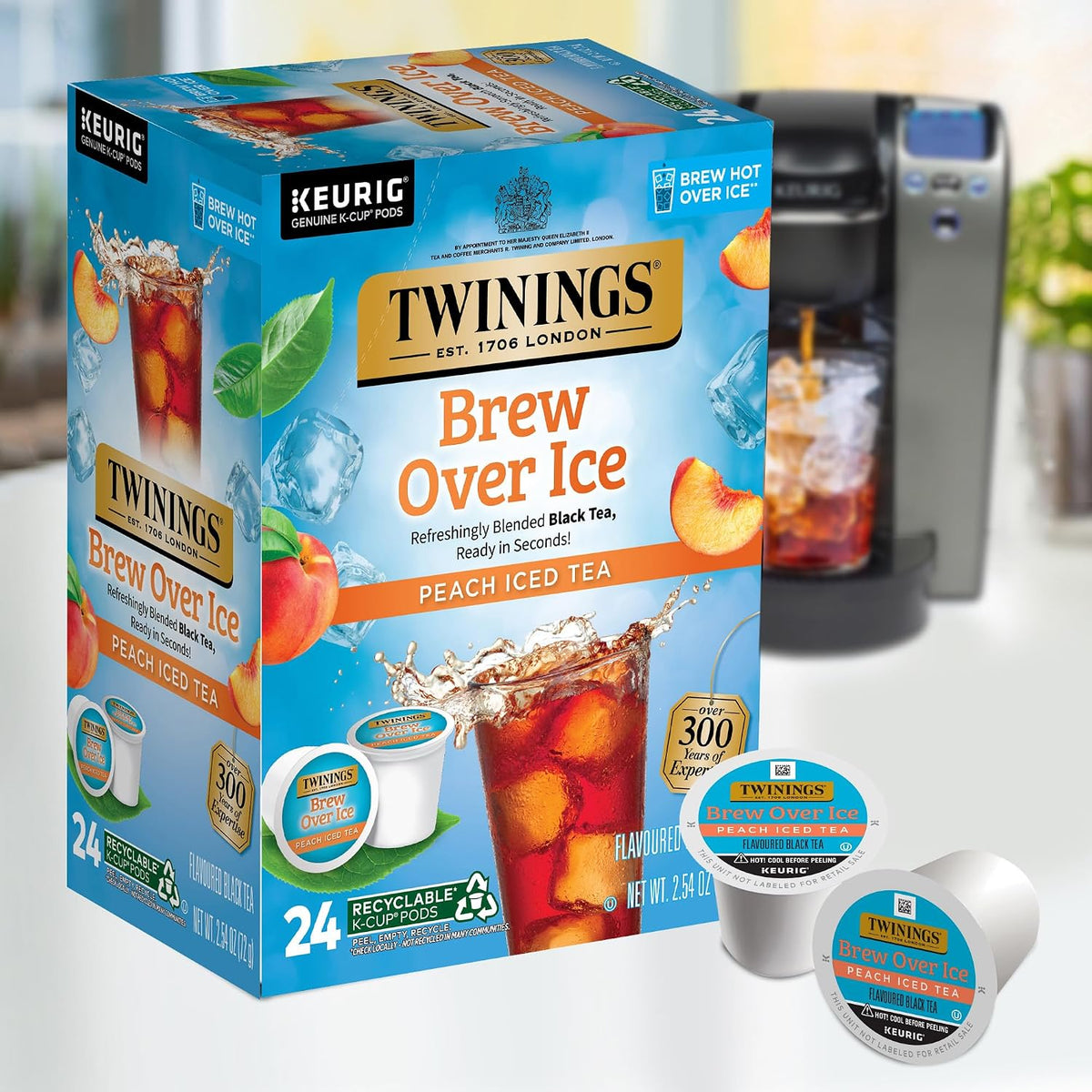 Twinings Brew Over Ice Unsweetened Peach Black Iced Tea K-Cup Pods for Keurig, 24 Count (Pack of 1), Caffeinated