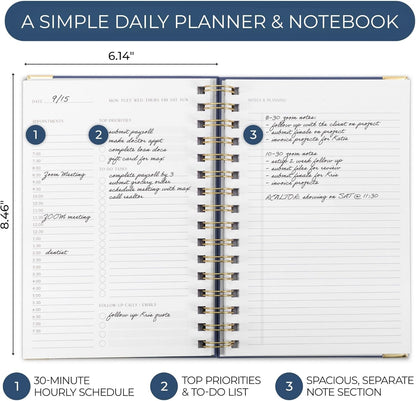 Aesthetic Daily Planner And Notebook With Hourly Schedule - Beautiful Spiral To do List Notepad For Work/Home to Organize Tasks And Appointments - Stylish School/Office Supplies Book For Women