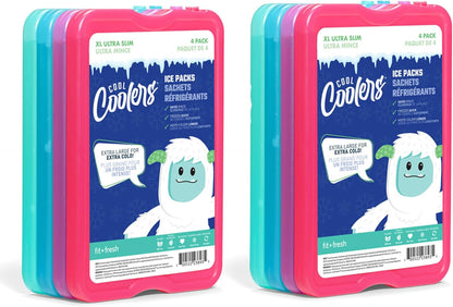 Cool Coolers by Fit & Fresh 4 Pack XL Slim Ice Packs, Quick Freeze Space Saving Reusable Ice Packs for Lunch Boxes or Coolers