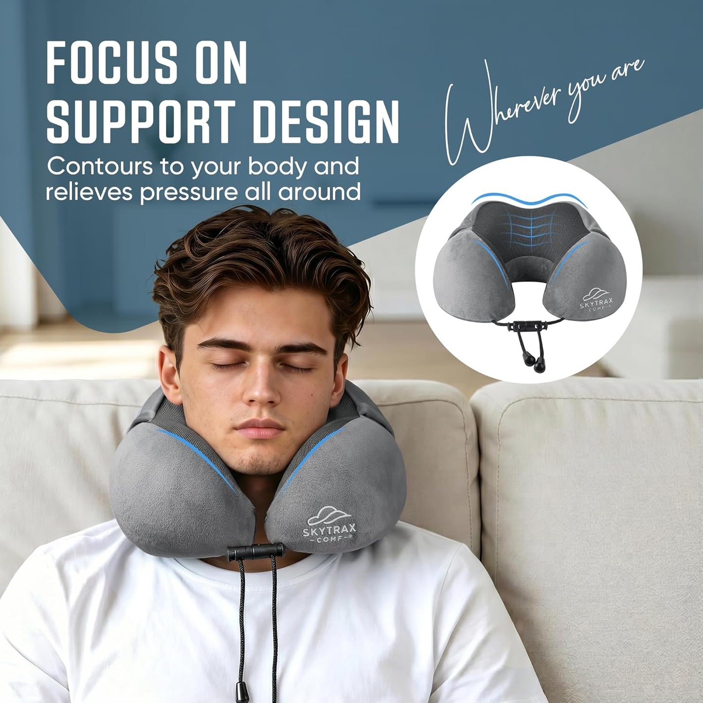 SkytraxComf® Travel Neck Pillow with Hood for Privacy on Long Flights | Memory Foam | Airplane Sleep | Safety-Tested Materials | Extra Large Hood | Chin Support | Earplugs | Washable Cover