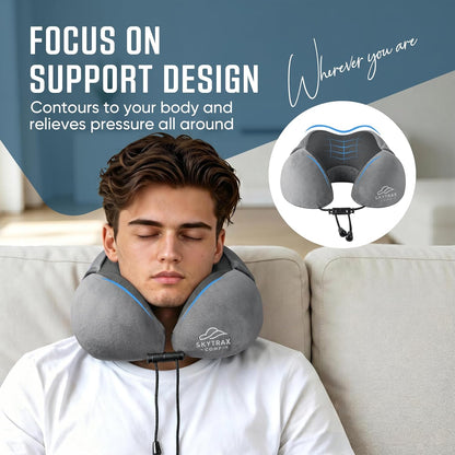 SkytraxComf® Travel Neck Pillow with Hood for Privacy on Long Flights | Memory Foam | Airplane Sleep | Safety-Tested Materials | Extra Large Hood | Chin Support | Earplugs | Washable Cover