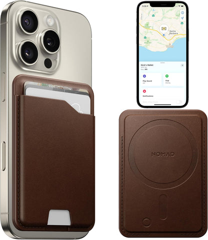 Nomad Leather Black Magsafe Wallet w/Integrated Tracking for iPhone, Slim Magsafe Card Holder for iPhone, Wallet GPS Tracker Card 5 Months Battery Life, Rechargeable, Compatible with iOS Only