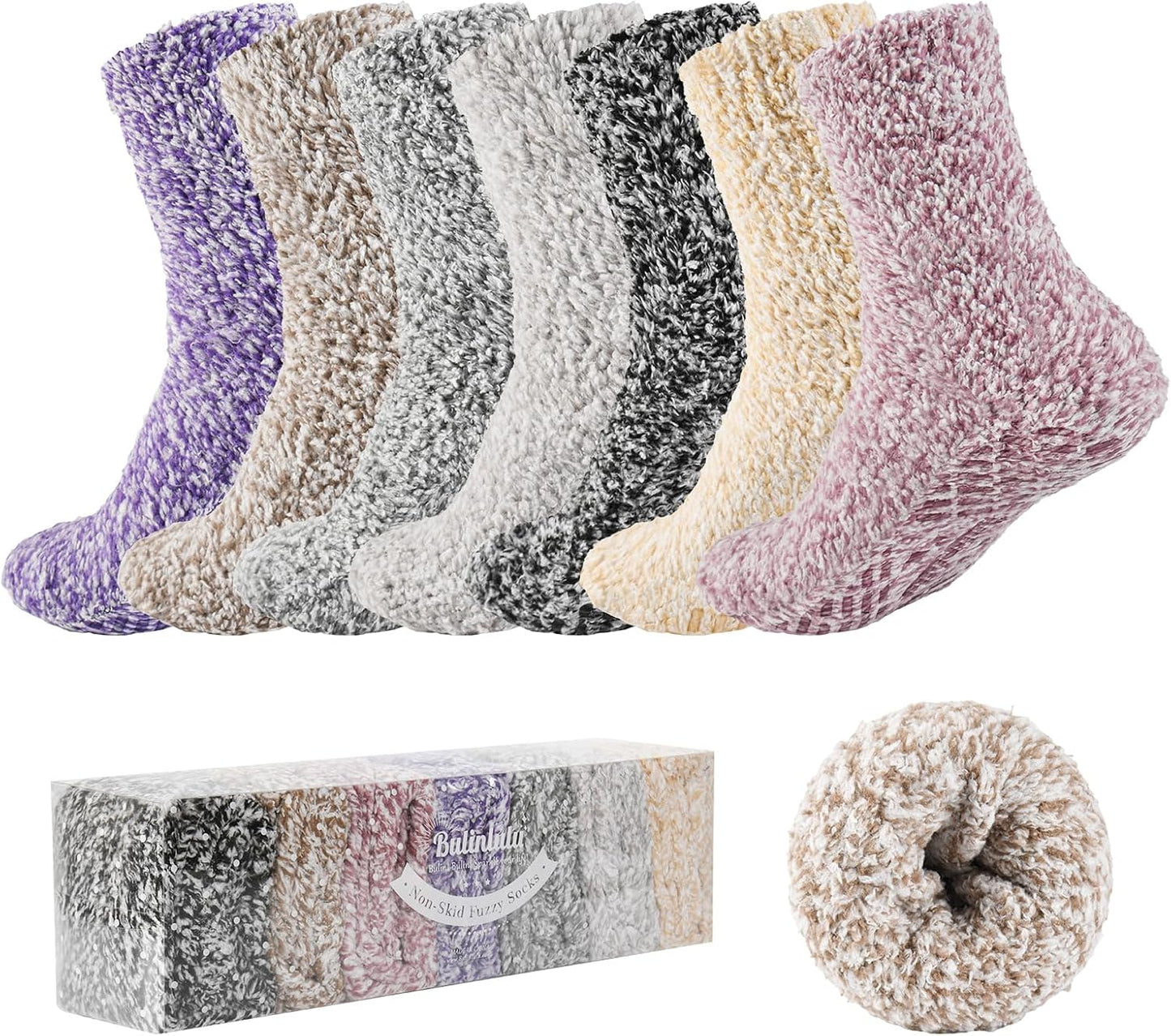 Bulinlulu Fuzzy Socks with Grips Plush Sleep Cozy Winter Soft Hospital Fluffy Socks for Womens Mens Gifts