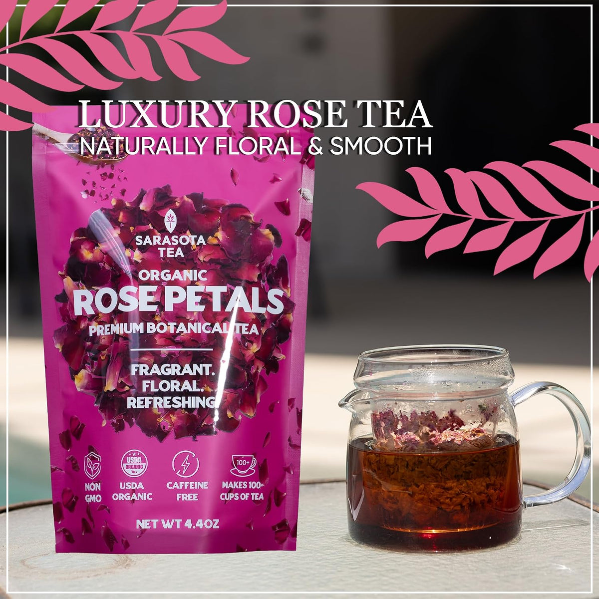 Organic Rose Petals 4.4oz | USDA Organic Dried Rose Petals for Tea, Culinary & Baking | Edible Rose Flowers | Caffeine Free Herbal Tea | Non-GMO | Floral & Aromatic