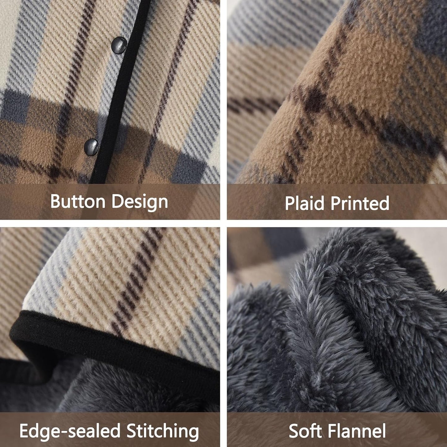 forestfish Fleece Wearable Blanket, Plaid Lap Blanket Comfy Poncho Throw with Buttons for Bed Sofa Office, Grey-White