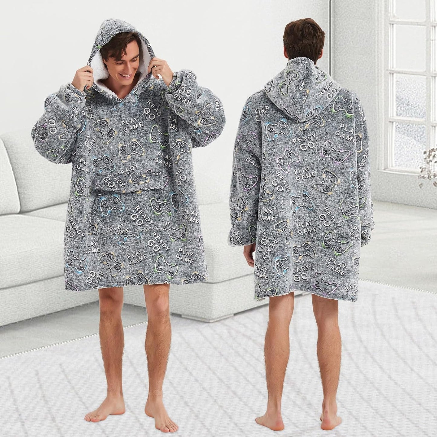 Mewkou Wearable Blanket Hoodie for Adult,Oversized Sherpa Fleece Blanket Hoodie for Women Men,Grey
