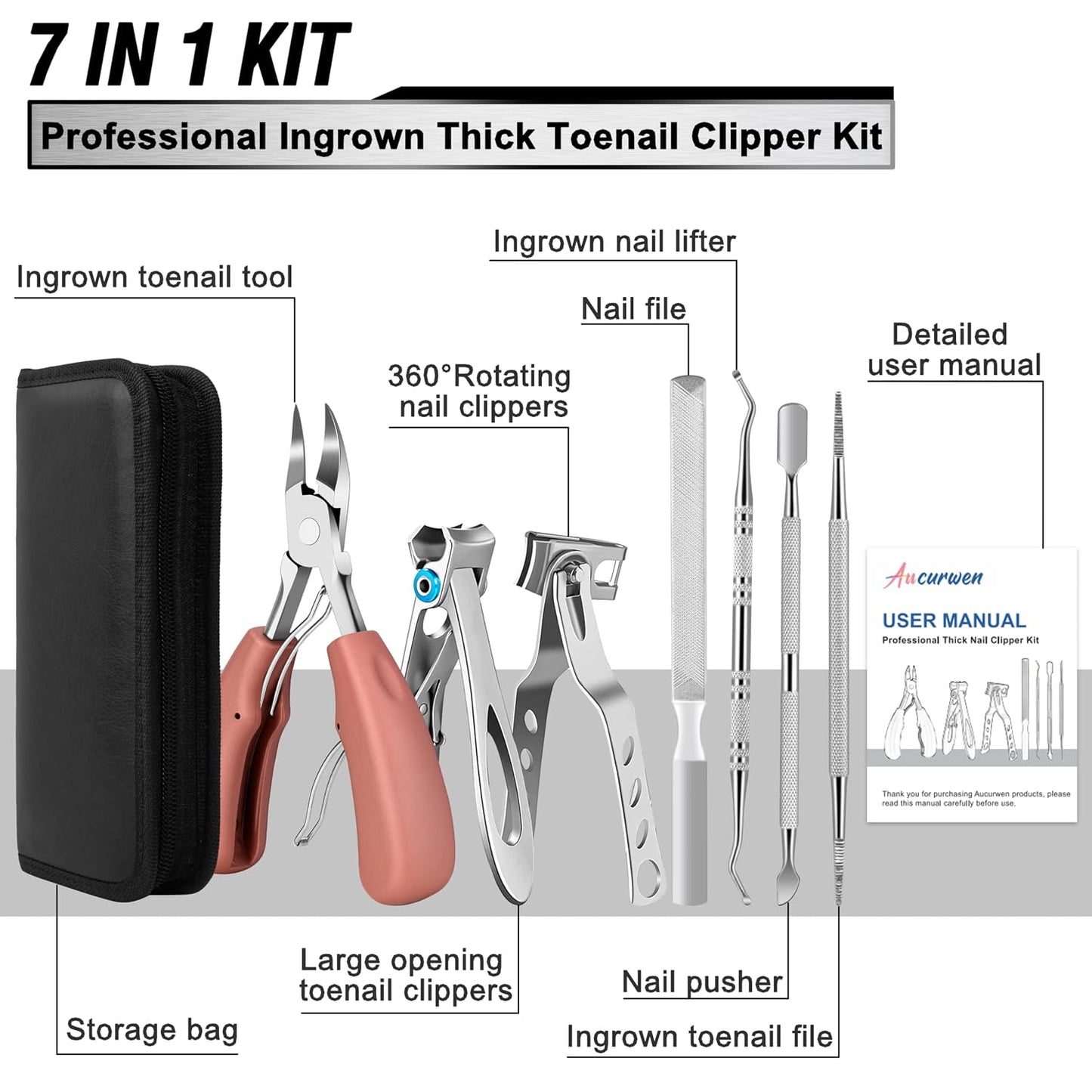 Toenail Clippers for Seniors Thick Toenails, Aucurwen Heavy Duty Toe Nail Clippers Adult Thick Nails Long Handle, Large Toenail Clippers for Thick Nails 7Pcs