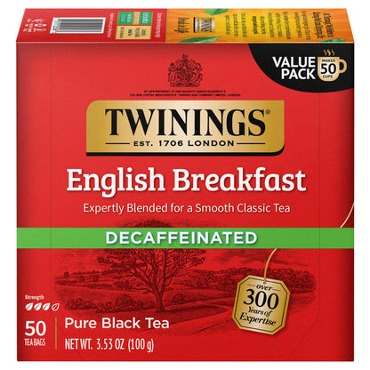 Twinings English Breakfast Tea, Decaffeinated Black Tea - Lively and Refreshing Decaf Tea Bags Individually Wrapped, 50 Count