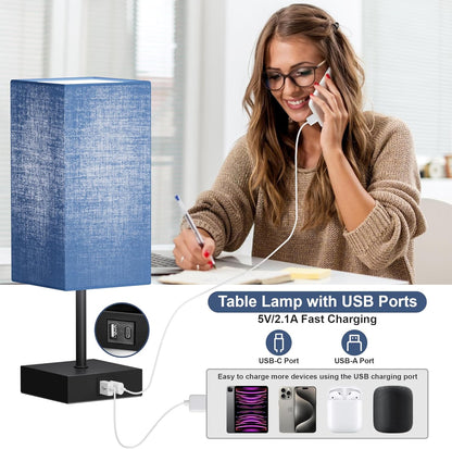 Table Lamp for Bedroom, 3 Way Dimmable Touch Bedside Lamp, Small Lamp with 2 USB C+A Charging Ports, Black Nightstand Lamps for End Table, Living Room, Desk, Bulb Included