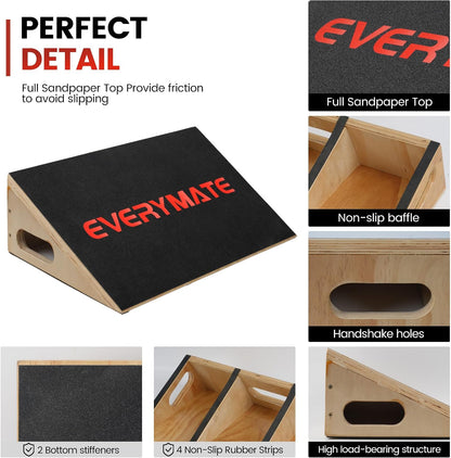 EVERYMATE Heavy-Duty Wooden Slant Boards for Exercise & Calf Stretch – 19.7" Wide Incline Board for Squats, Non-Slip Surface, Fixed 25° Angle for Strength & Flexibility Training, 1200 lbs Capacity