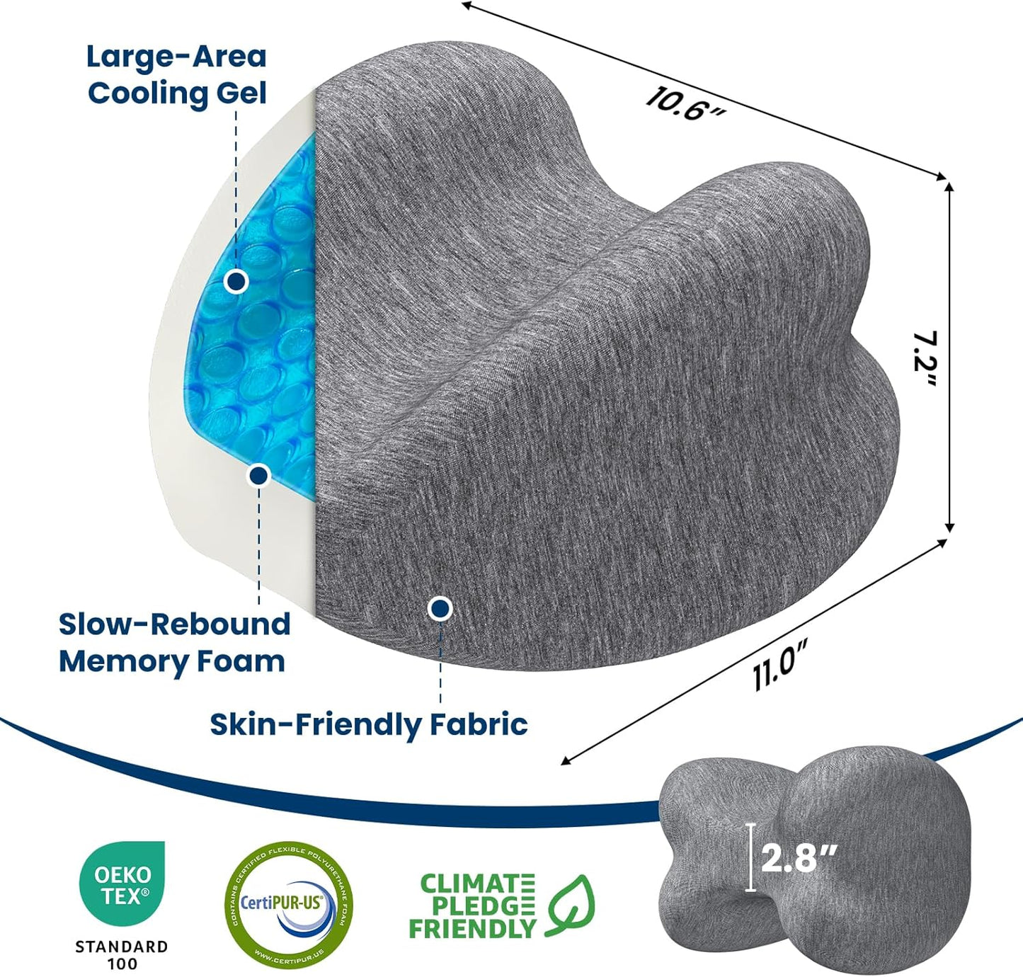 Knee Pillow for Side Sleepers - Cooling Gel Memory Foam Leg Pillow for Side Sleeping, Heart-Shaped Between Legs Cushion for Pressure Relief on Sciatica, Lower Back, Hips & Joints, Grey