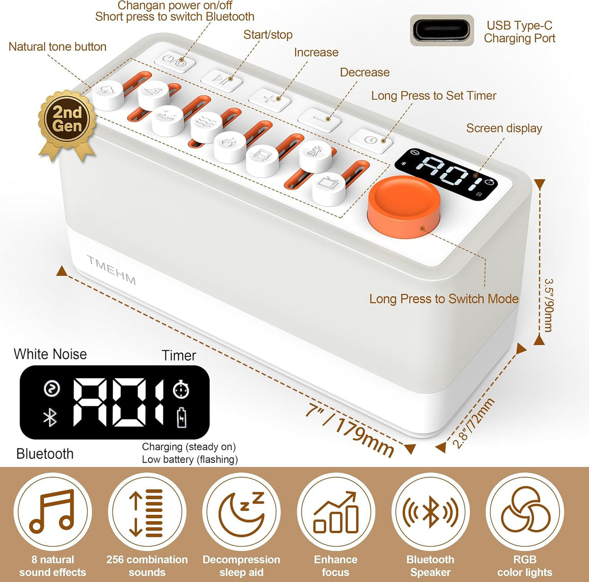 TMEHM 3-in-1 White Noise Machine for Sleep, Bluetooth Speaker, Night Light