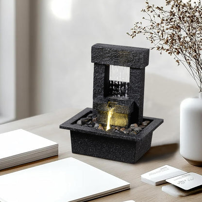Indoor Tabletop Water Fountain with LED Light – Modern Black Desk Waterfall Feature with Soothing Sounds and River Rocks, Relaxation Zen Decor for Home Office Bedroom