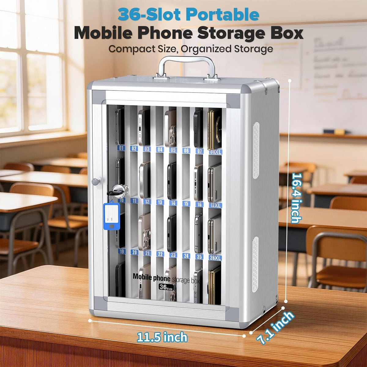 24 Slots Cell Phone Locker, Classroom Phone Storage Cabinet with Key, 【Wall Mounted】 【Aluminum Alloy】 Phone Lock Box, Mobile Phone Lockbox with Handle for School Office Exam(Silver)
