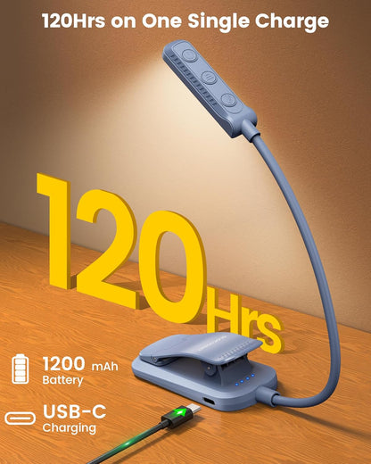 Glocusent 13 LED Reading Lights for Books in Bed, Eye-Caring Rechargeable Book Light 3 Amber Colors & Stepless Dimming, 120 Hrs Runtime, Travel Clip on Reading Lamp, Gifts for Book Lover Men Women Kid